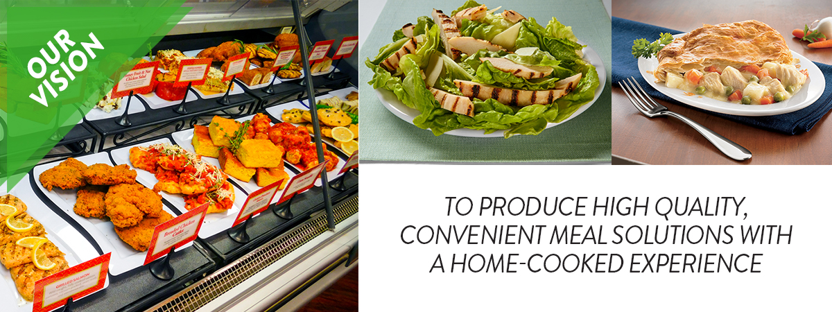Our Vision Banner showing a Deli Case, Chicken Strips on Green Salad, and Chicken Pot Pie