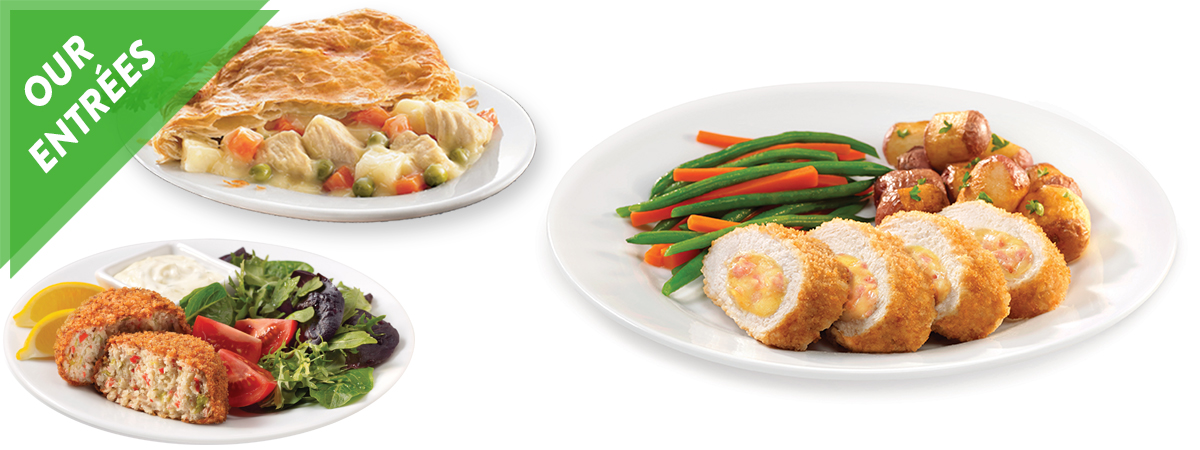 Our Entrees Banner showing Chicken Pot Pie, Crab Cakes, and Chicken Cordon Bleu