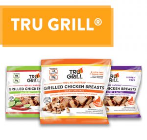 Tru Grill Button showing Tru Grill 3oz Original Diced Grilled Chicken Breasts, Tru Grill 3oz Chili Lime Diced Grilled Chicken Breasts, and Tru Grill 3oz Sweet and Savory Diced Grilled Chicken Breasts