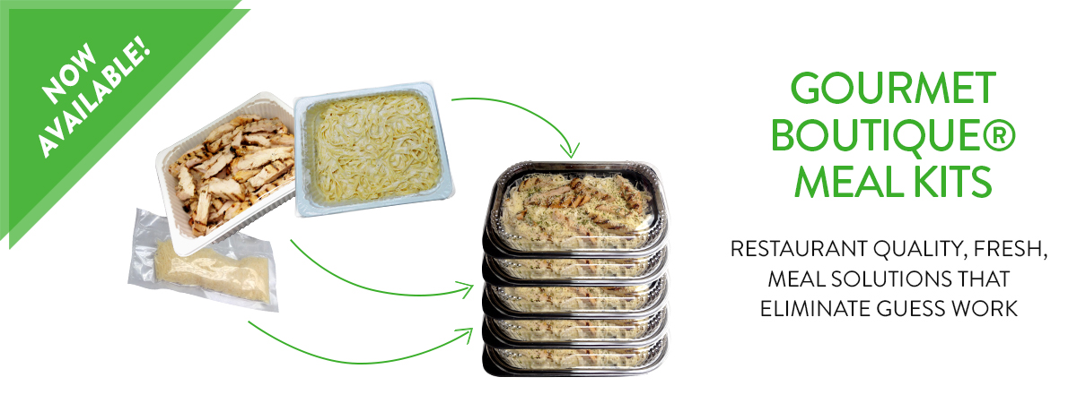 Meal Kits Banner Showing the items included in the Grilled Chicken Penne Alfredo Meal Kit and the finished trays it makes