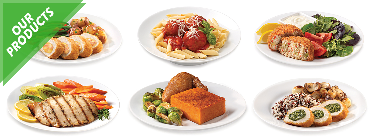 Our Products Banner showing Chicken Cordon Bleu, Italian Style meatballs and Penne, Crab Cakes, Grilled Lemon Chicken, Carrot Soufflé, and Chicken Florentine