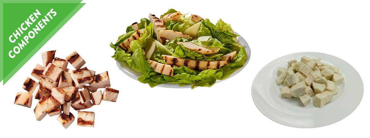 Chicken Component Options Showing Diced Grilled Chicken Breasts, Grilled Chicken Breast Strips, and Diced Poached Chicken Breasts